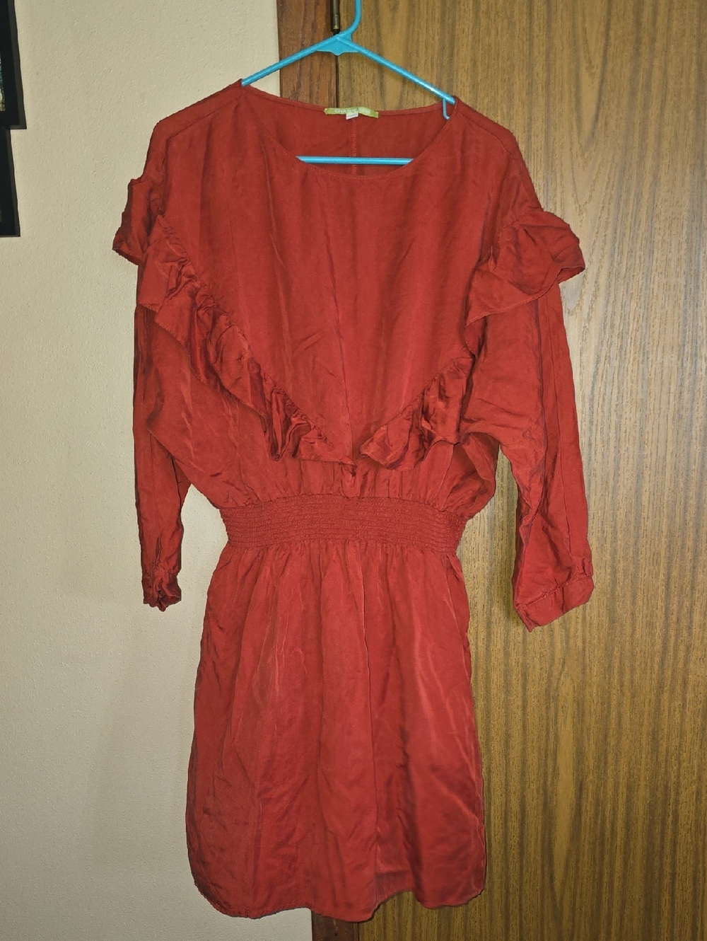 Gianni Bini Rust Red Ruffle-Smock Waist Long Sleeve Dress